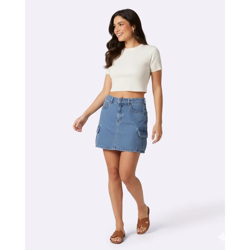 Minissaia Jeans Feminina com Bolsos Cargo Azul 38