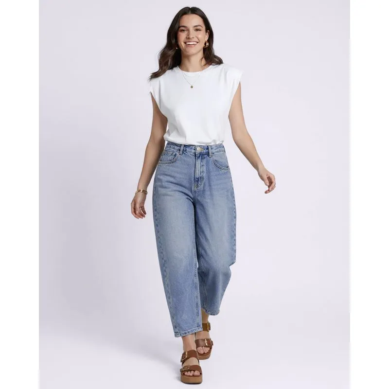 Calça Jeans Feminina Barrel com Bolsos Azul 36
