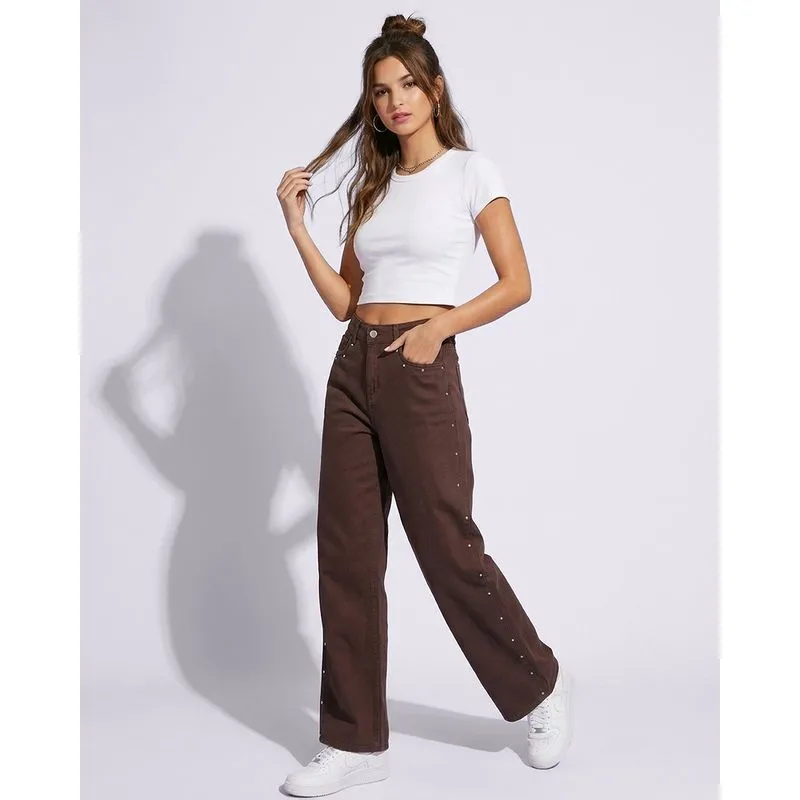 Calça Sarja Feminina Wide Leg com Tachas Marrom 42