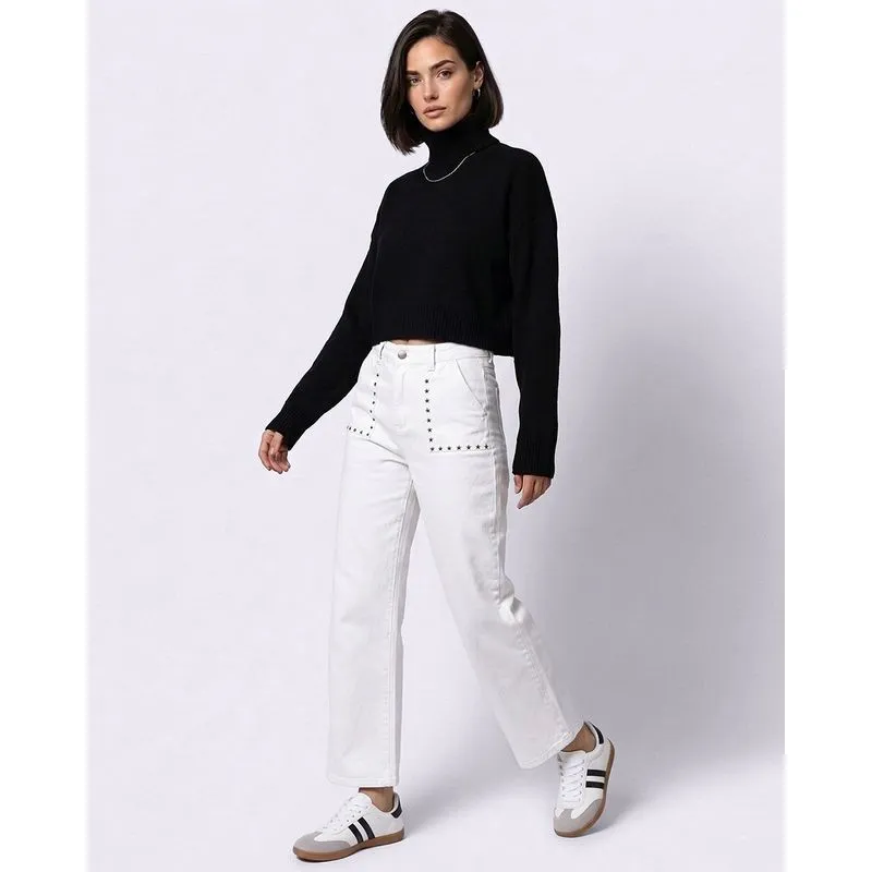 Calça Sarja Feminina Reta com Tachas Estrelas Off White 36