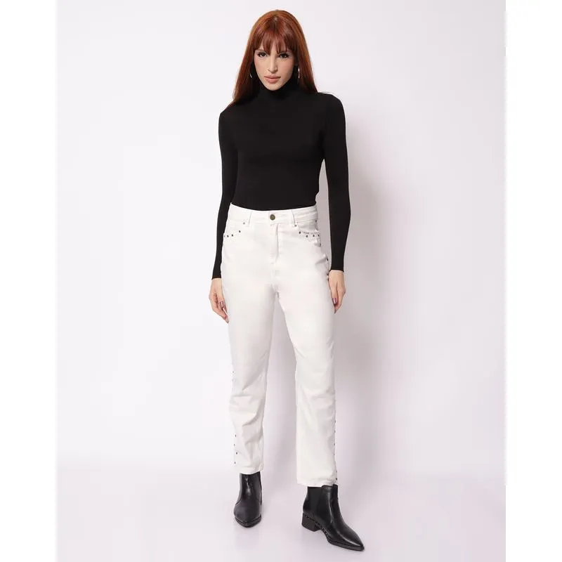 Calça Sarja Feminina Mom com Tachas Off White 34
