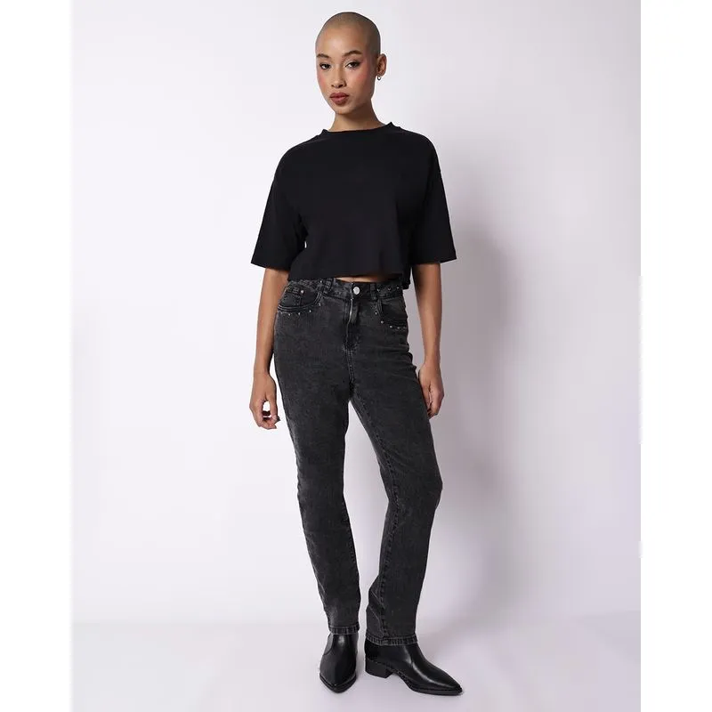 Calça Jeans Feminina Reta com Taxas Preta 40