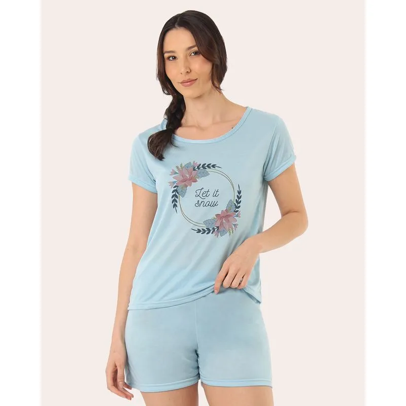 Pijama Feminino Curto Estampa Floral Let It Snow Azul UN