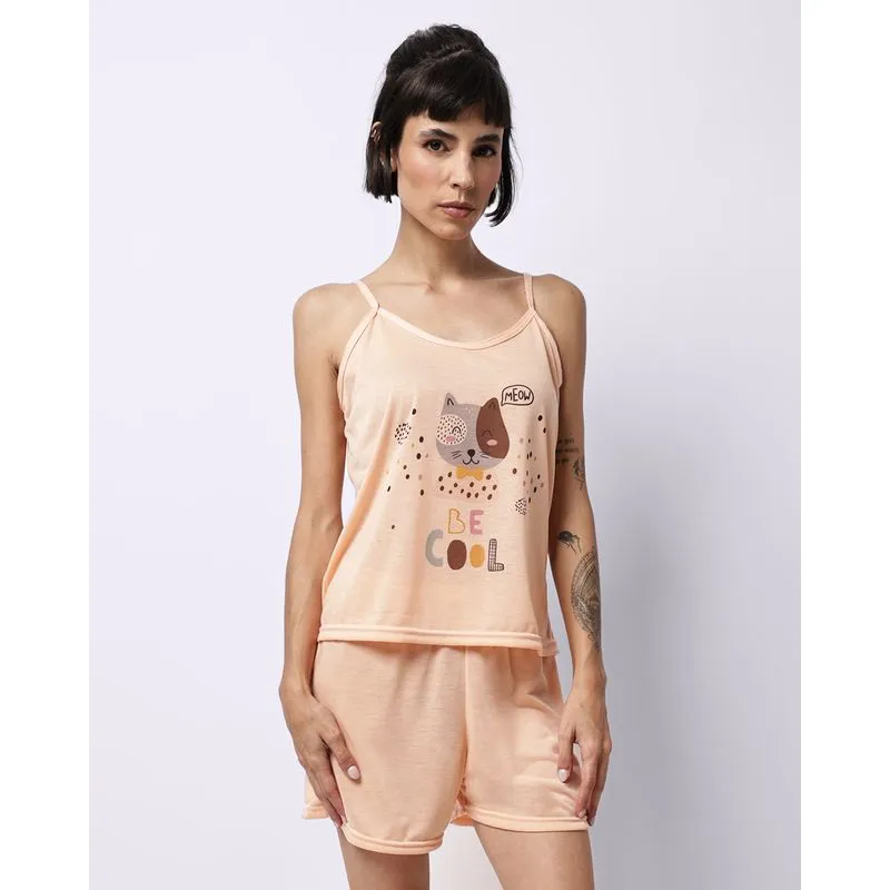 Pijama Feminino Curto com Alcinha Gatinho Laranja GG