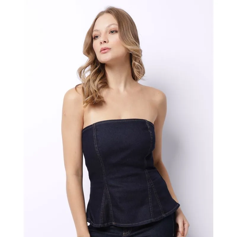 Blusa Jeans Feminina Tomara Que Caia Peplum com Lastéx Azul P