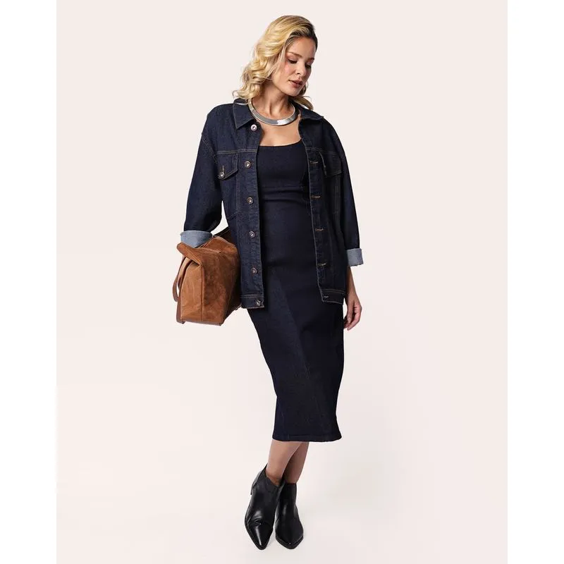 Vestido Jeans Feminino Midi com Fenda Alcinha Ajustável Azul M