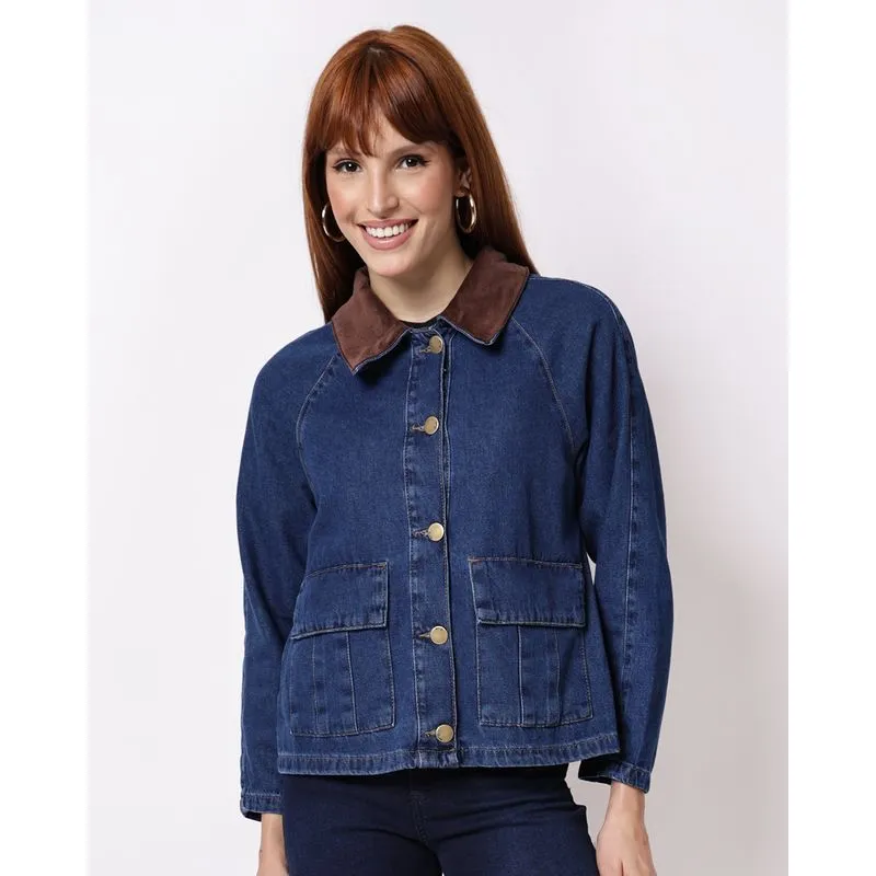 Casaco Jeans Feminino Gola Veludo Azul GG