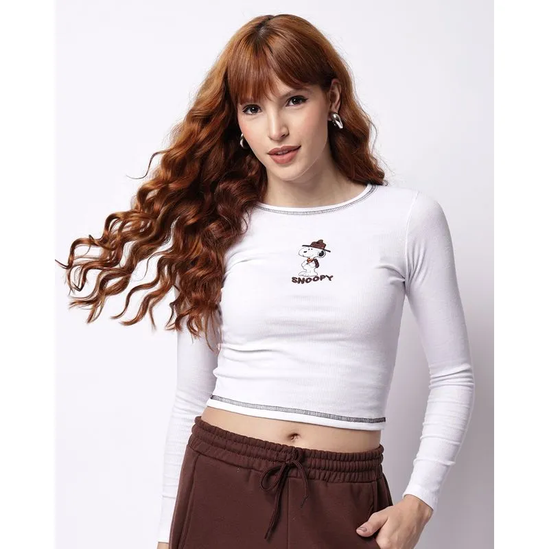 Blusa Feminina Canelada Bordado Snoopy Manga Longa Branca M