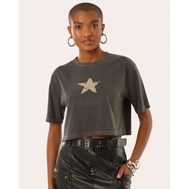 Camiseta Feminina Cropped Algodão Estonada Estrela Cinza M