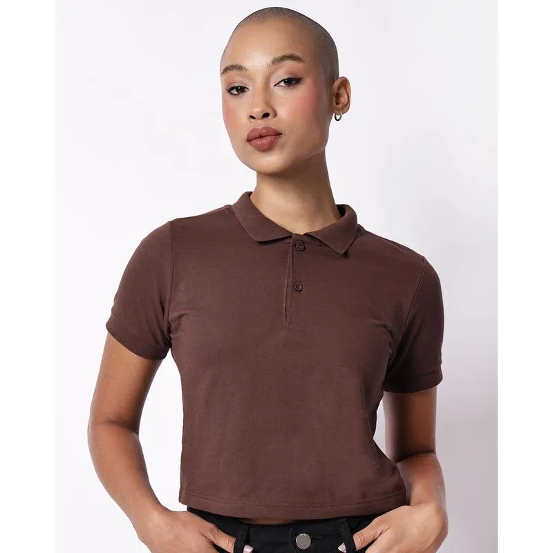 Blusa Polo Feminina Cropped Piquet Manga Curta Marrom P