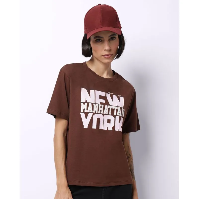 Camiseta Feminina Algodão Estampa NY Manhattan Marrom M