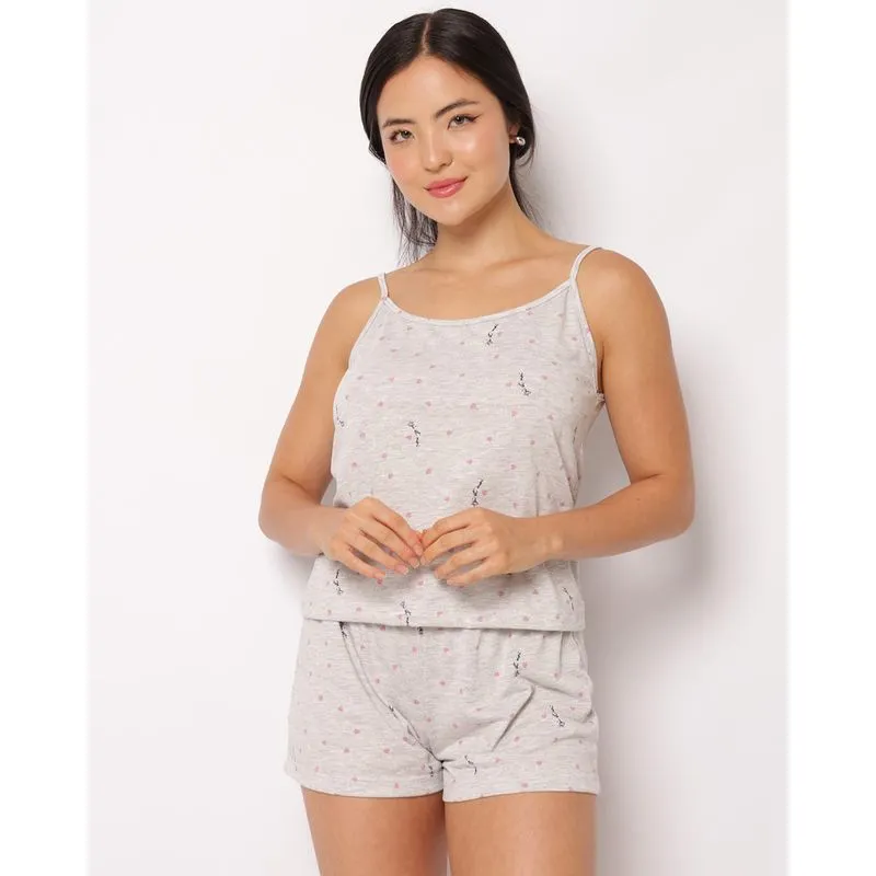Pijama Feminino Curto Alcinha Estampado Coração Cinza GG