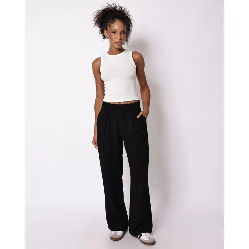 Calça Feminina Alfaiataria Reta com Pregas Bolsos Preta 38