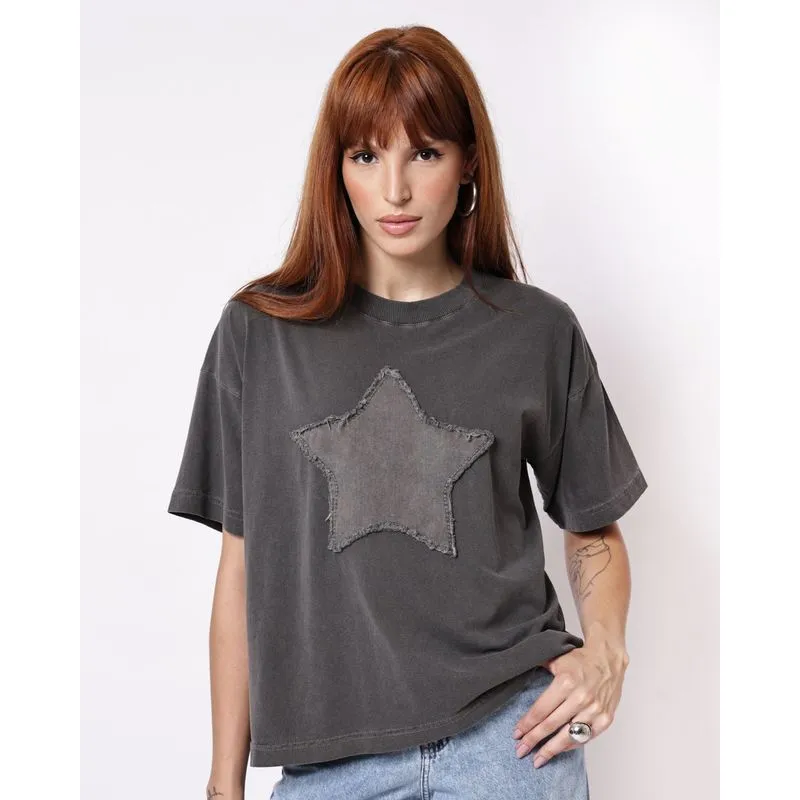 Camiseta Feminina Estonada Estrela Cinza GG