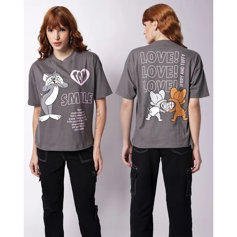 Camiseta Feminina Algodão Manga Curta Estampa Tom & Jerry Cinza M
