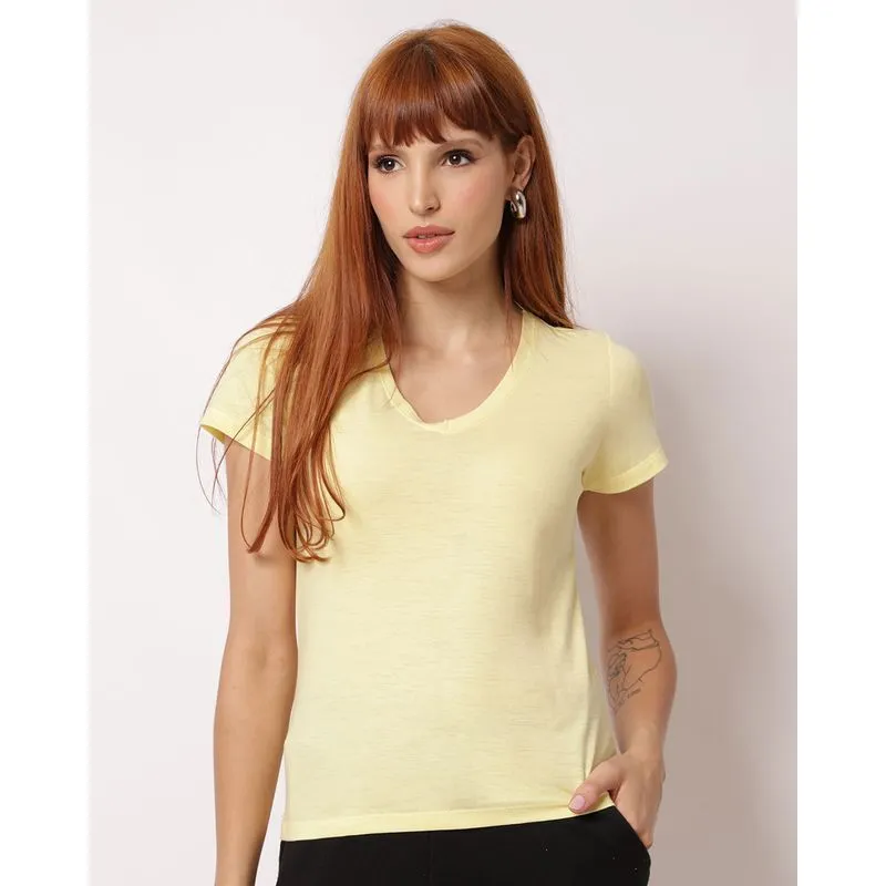 Blusa Feminina Algodão Básica Decote V Amarela M