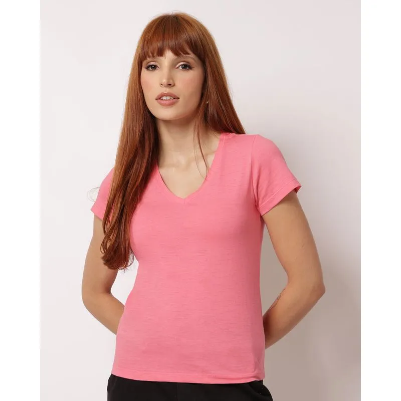 Blusa Feminina Algodão Básica Decote V Rosa GG