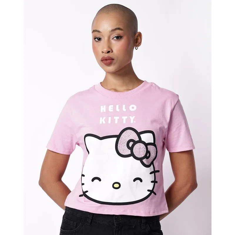 Camiseta Feminina Cropped Algodão Hello Kitty Strass Rosa P