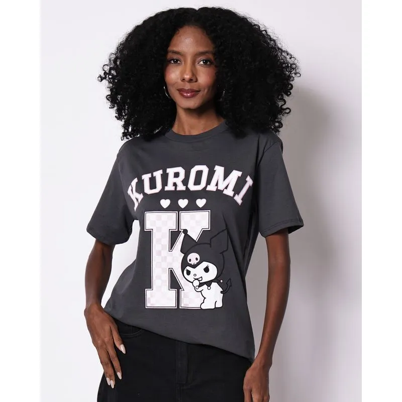 Camiseta Feminina Algodão Oversized Kuromi Cinza PP