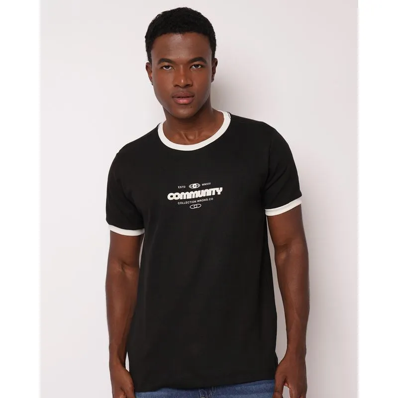 Camiseta Masculina Estampa Frontal Manga Curta Estonada Preta GG