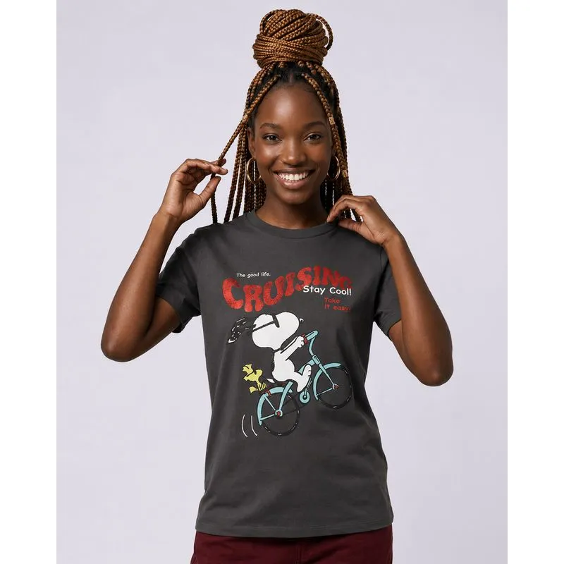 Camiseta Feminina Oversized Estampa Snoopy Cinza P