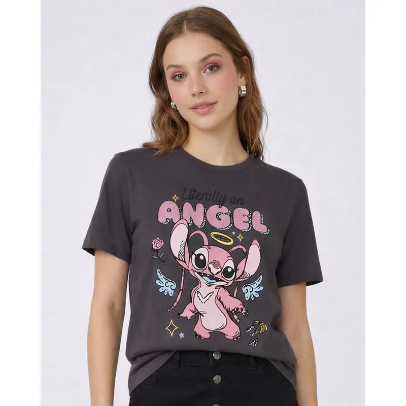 Camiseta Feminina Oversized Disney Angel Manga Curta Cinzs M