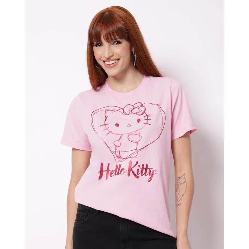 Camiseta Feminina Oversized Algodão Hello Kitty Rosa G