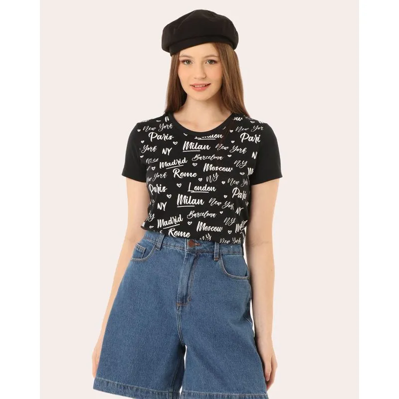 Blusa Feminina Algodão Estampada Manga Curta Preta P