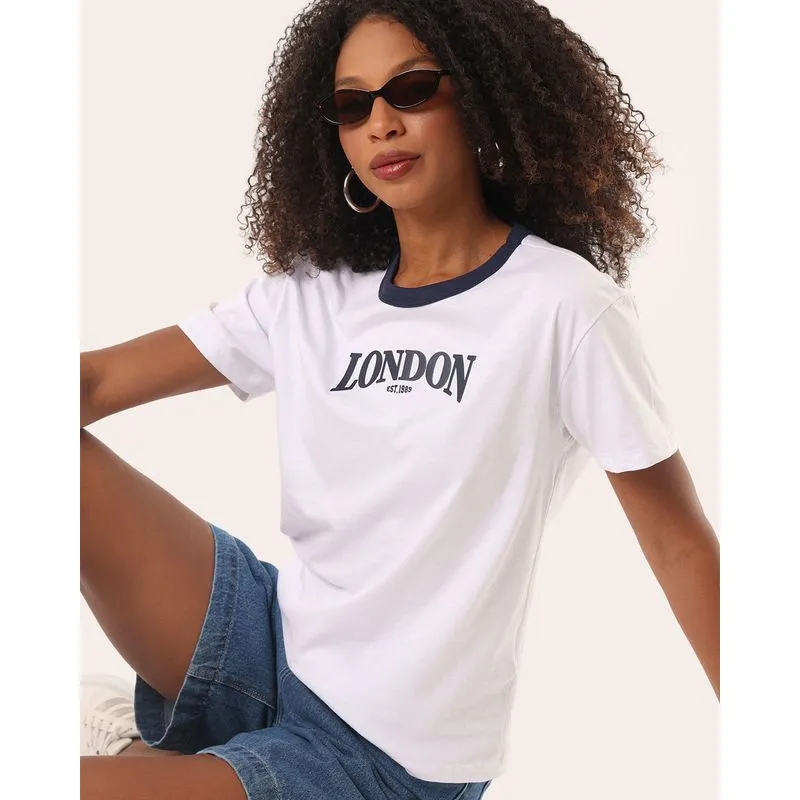 Camiseta Feminina Algodão Estampa London Branco XG