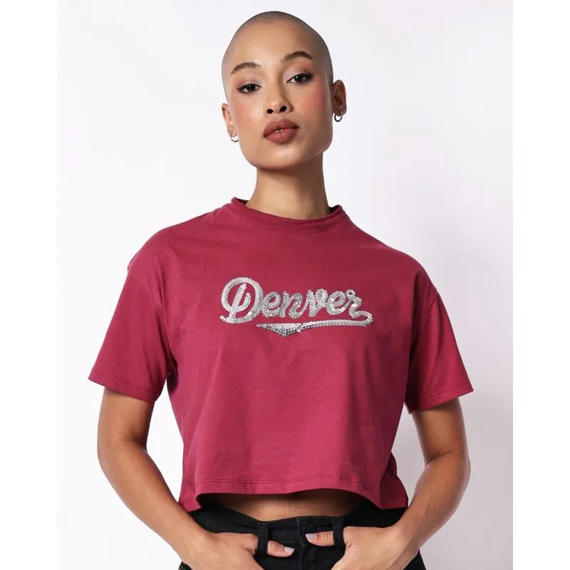 Camiseta Feminina Cropped Algodão Estampa em Paetê Vinho PP