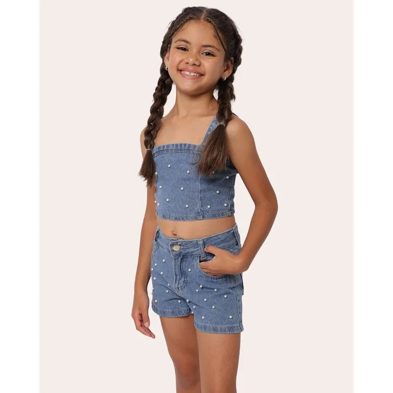 Conjunto Jeans Infantil com Pérolas Azul 4