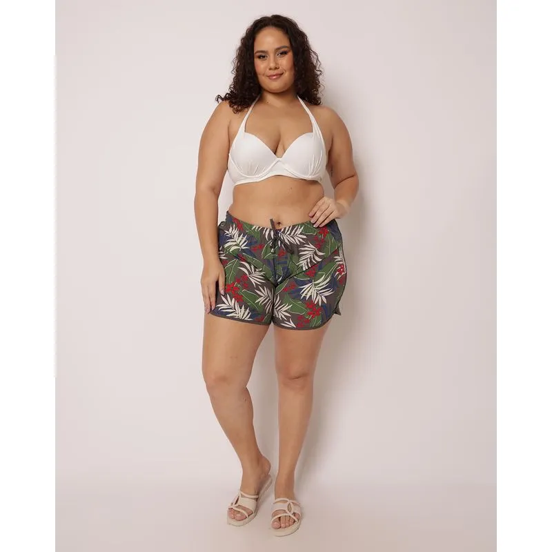 Saída De Praia Short Plus Size Feminino Estampa Folhagem Cinza 50