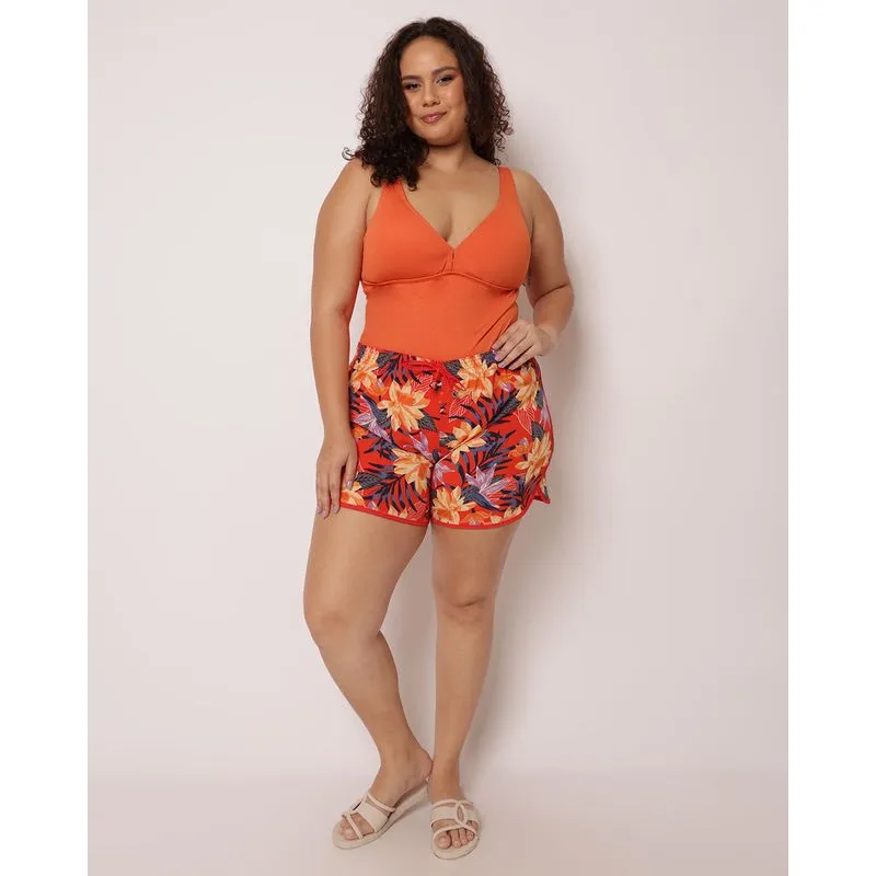 Short Feminino Plus Size Cós Elastico Estampa Folhagem Vermelho 52