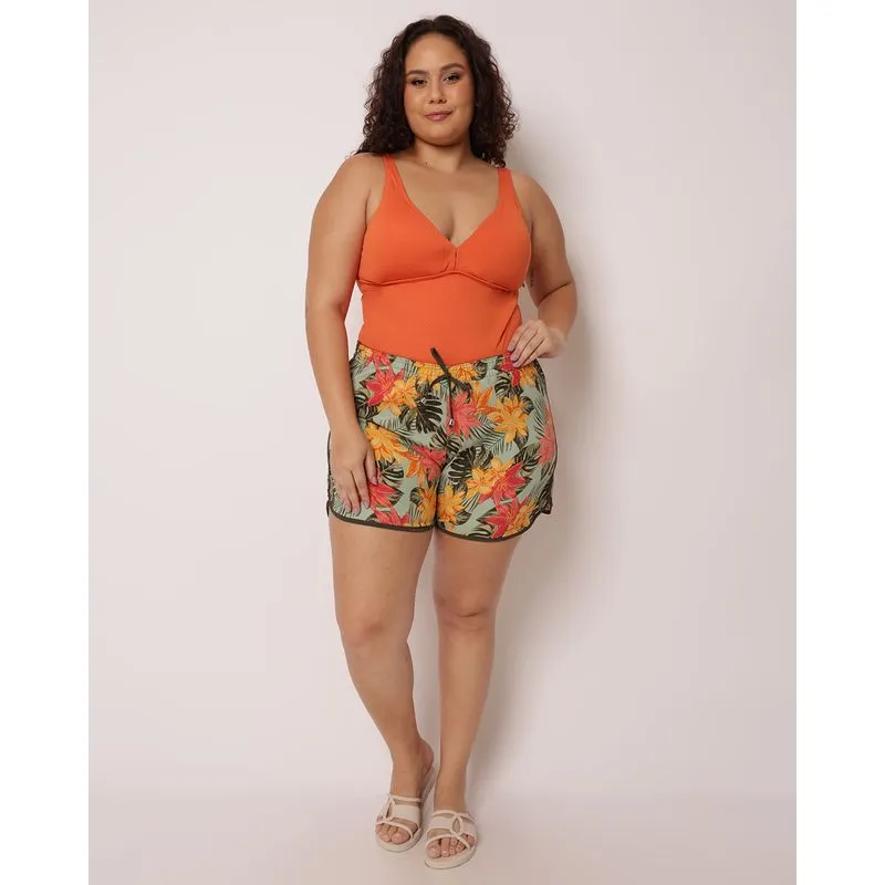 Short Feminino Plus Size Cós Elastico Estampa Folhagem Verde 50