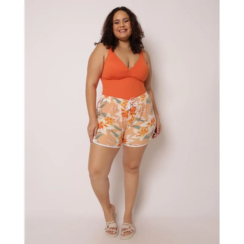 Saída De Praia Short Plus Size Feminino Estampa Folhagem Laranja 52
