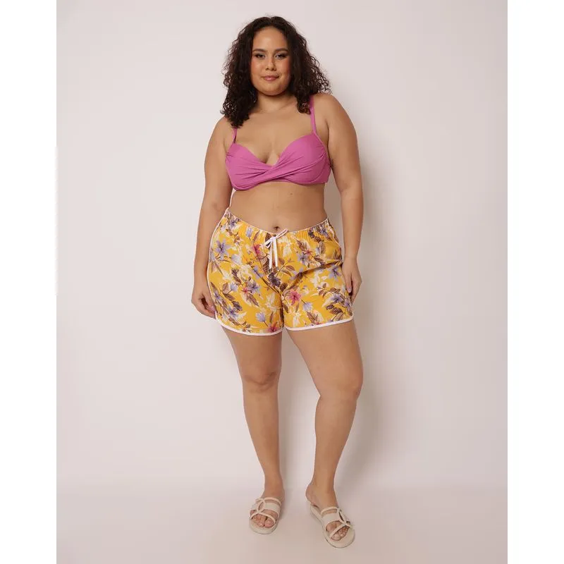 Saída De Praia Short Plus Size Feminino Estampa Folhagem Amarelo 48