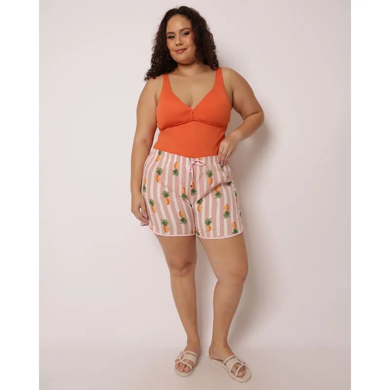 Saída de Praia Short Plus Size Feminino Estampado Abacaxi Rosa 48
