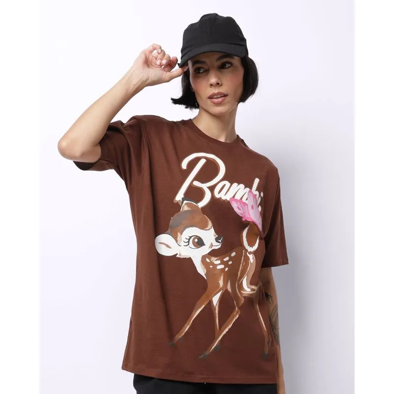 Camiseta Feminina Oversized Algodão Disney Bambi Marrom G