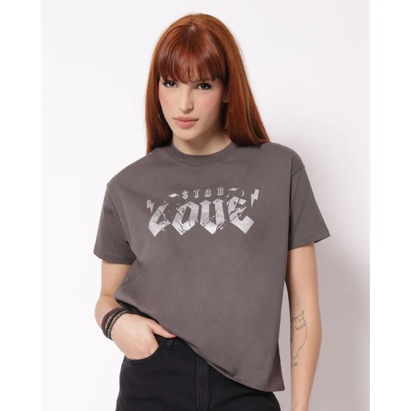 Camiseta Feminina Algodão Star Love Cinza Escuro M