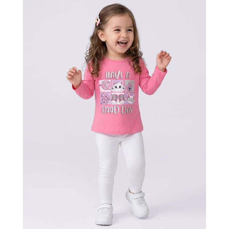 Blusa Bebê Algodão Gatinho Manga Longa Rosa 1
