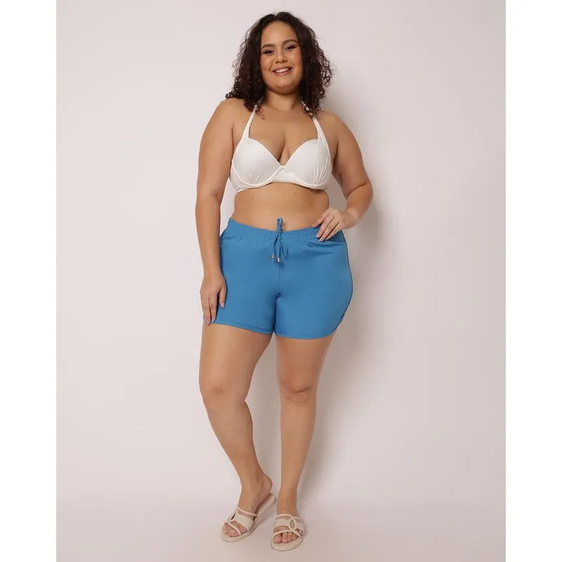 Saída de Praia Short Plus Size Feminino Liso Azul 52