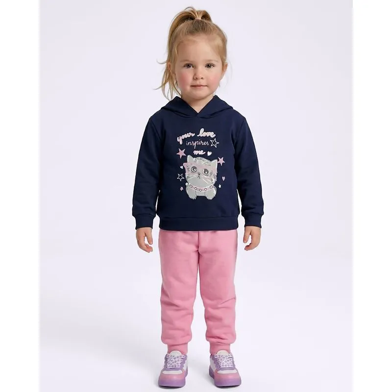 Conjunto Moletom Bebê com Capuz Estampa Gatinho Marinho 1