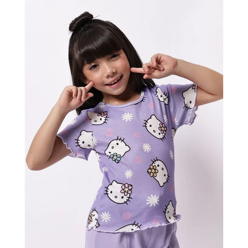 Blusa Infantil Canelada com Frufru Estampada Hello Kitty Lilás 10
