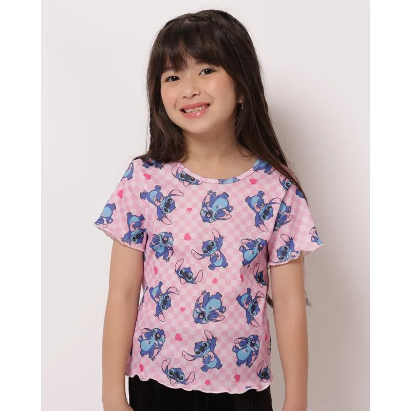 Blusa Infantil com Frufru Disney Estampada Stitch Rosa 6