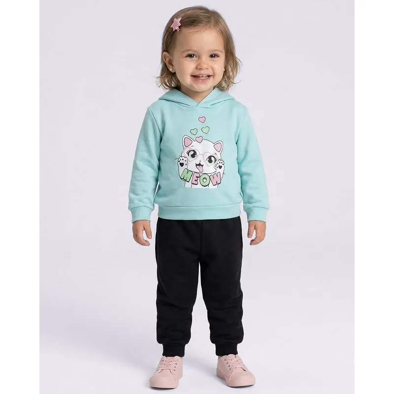 Conjunto Moletom Bebê Estampa Gatinho com Capuz Verde 2