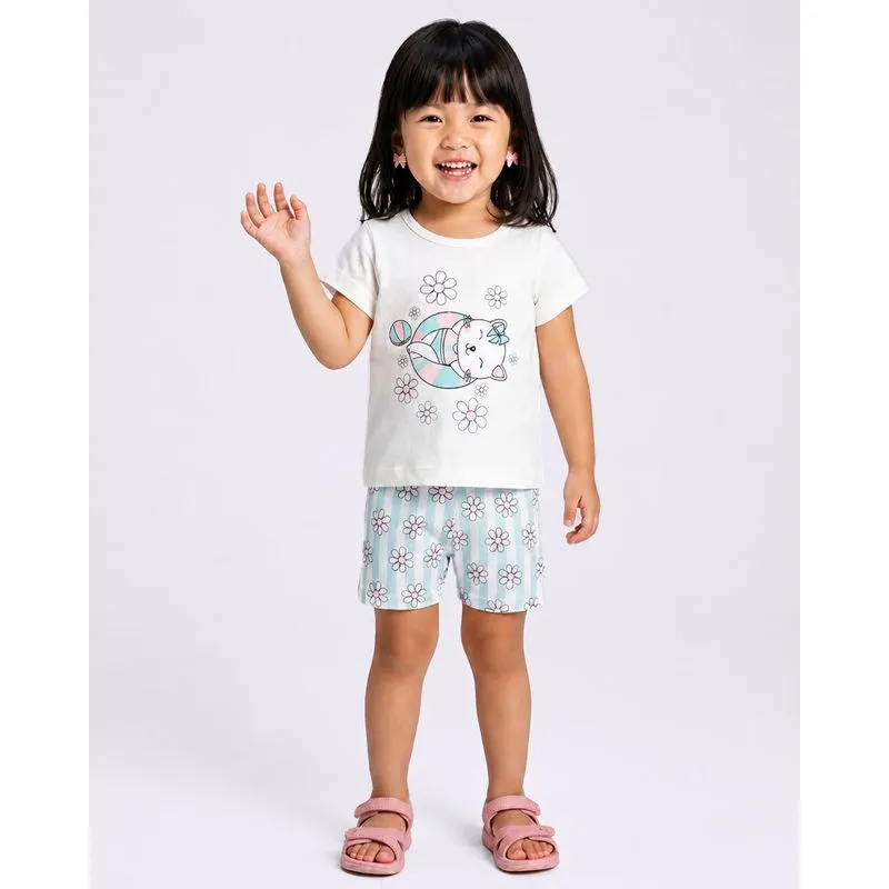 Conjunto Curto Bebê Estampa Gatinha Off White 3