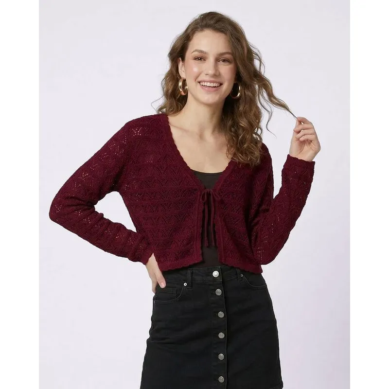 Cardigan Tricô Feminino Manga Longa Vinho M