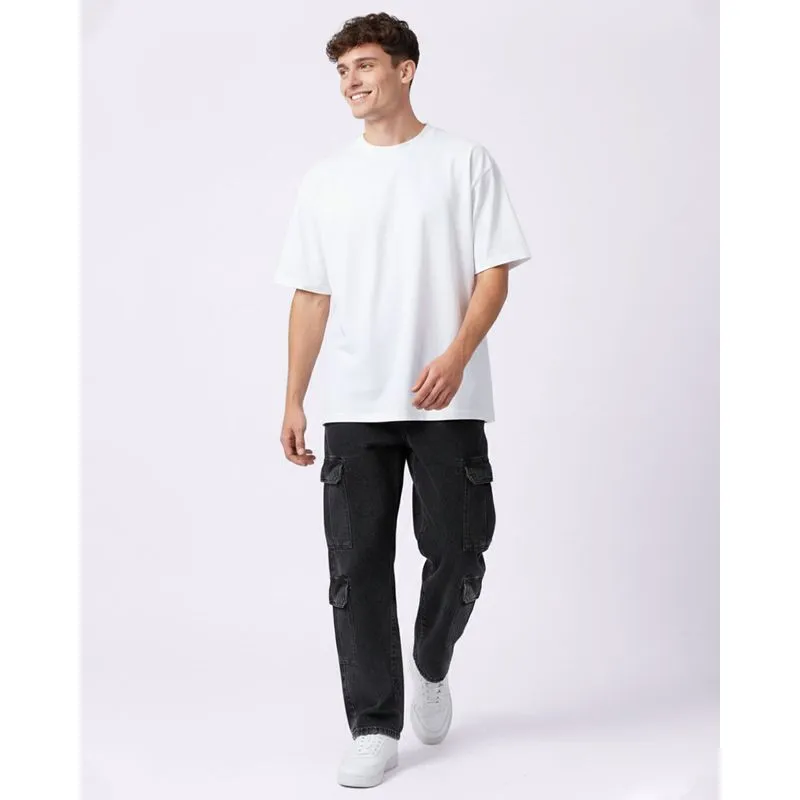 Calça Jeans Masculina Reta Bolsos Cargo Marmorizada Preta 46