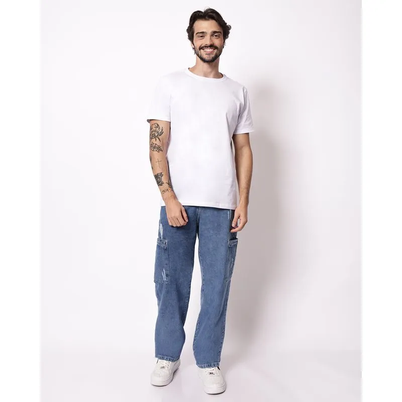 Calça Jeans Masculina Reta Algodão Cargo Azul 46
