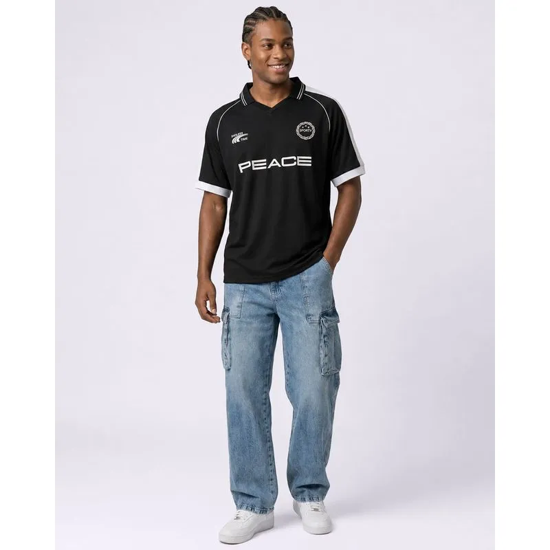 Calça Jeans Masculina Reta Bolsos Cargos Marmorizada Azul 56